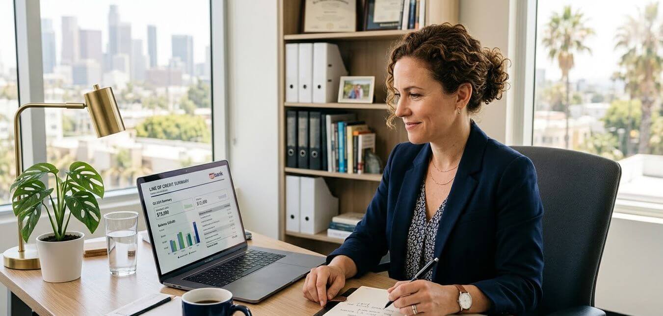 Small business owner reviewing a business line of credit statement at a tidy desk
