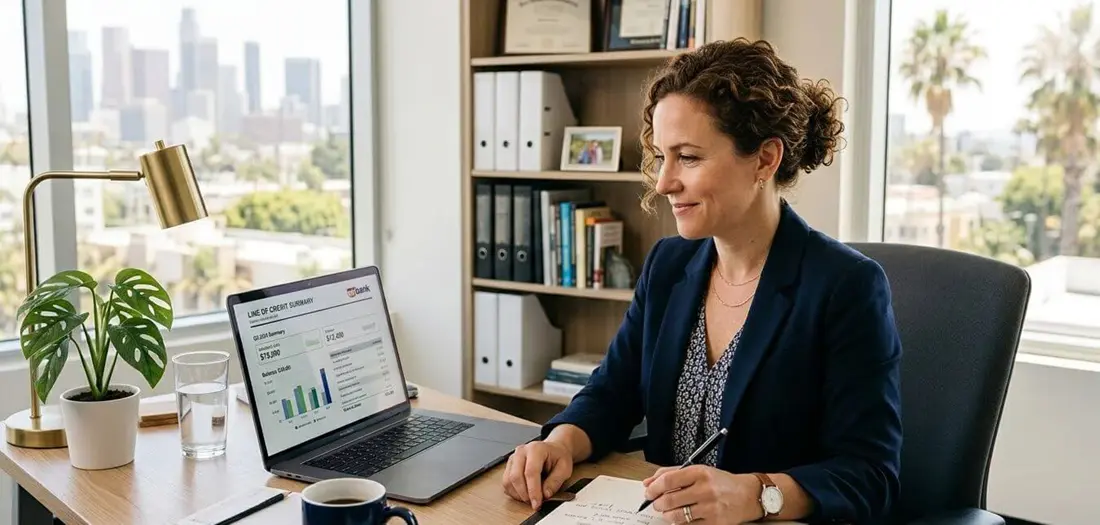 How to Use a Business Line of Credit the Smart Way Small business owner reviewing a business line of credit statement at a tidy desk