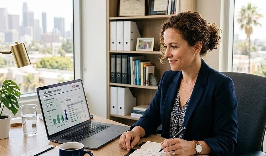 Small business owner reviewing a business line of credit statement at a tidy desk