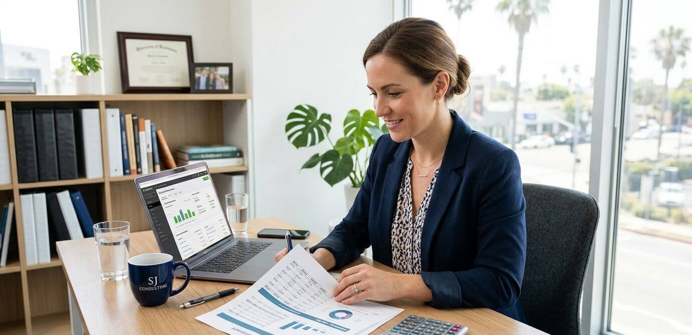 Small business owner reviewing cash flow statements and financial reports at a desk