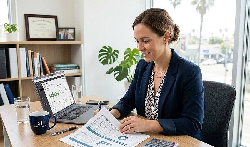 Small business owner reviewing cash flow statements and financial reports at a desk
