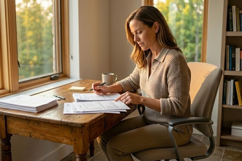 Sole proprietor reviewing business loan documents at a home office desk