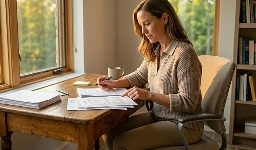 Sole proprietor reviewing business loan documents at a home office desk