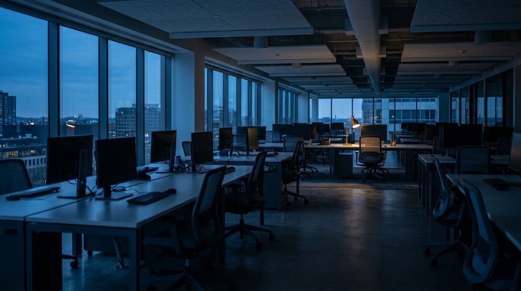 An office at dusk representing the payroll timing gap that staffing invoice factoring is used to cover