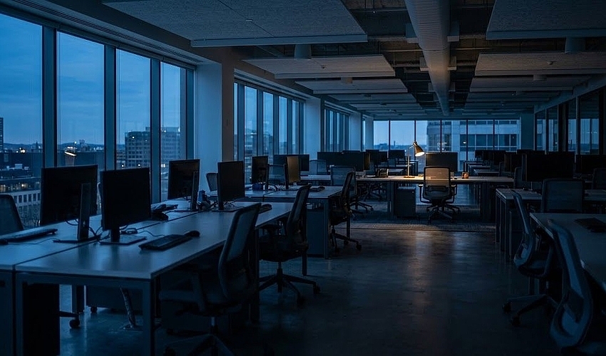 An office at dusk representing the payroll timing gap that staffing invoice factoring is used to cover