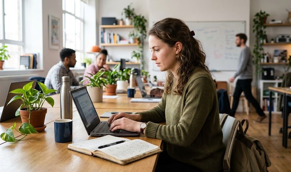 Startup owner working at a laptop in a small office, representing a startup business line of credit