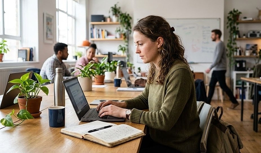 Startup owner working at a laptop in a small office, representing a startup business line of credit