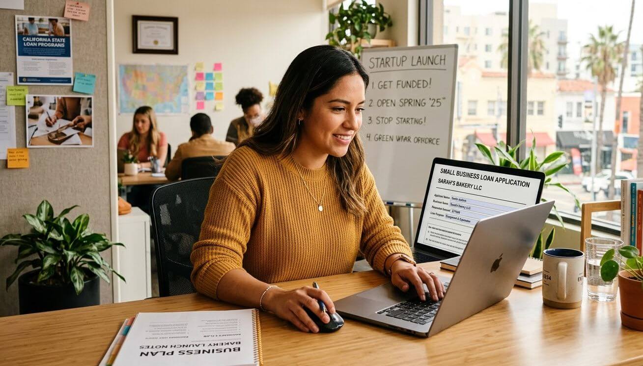Young startup owner filling out a business loan application on a laptop in a small office