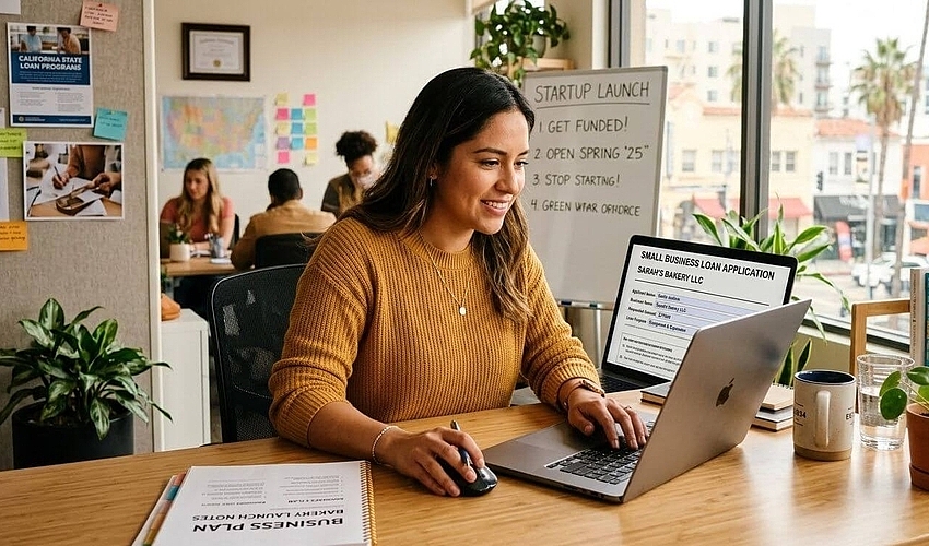 Young startup owner filling out a business loan application on a laptop in a small office