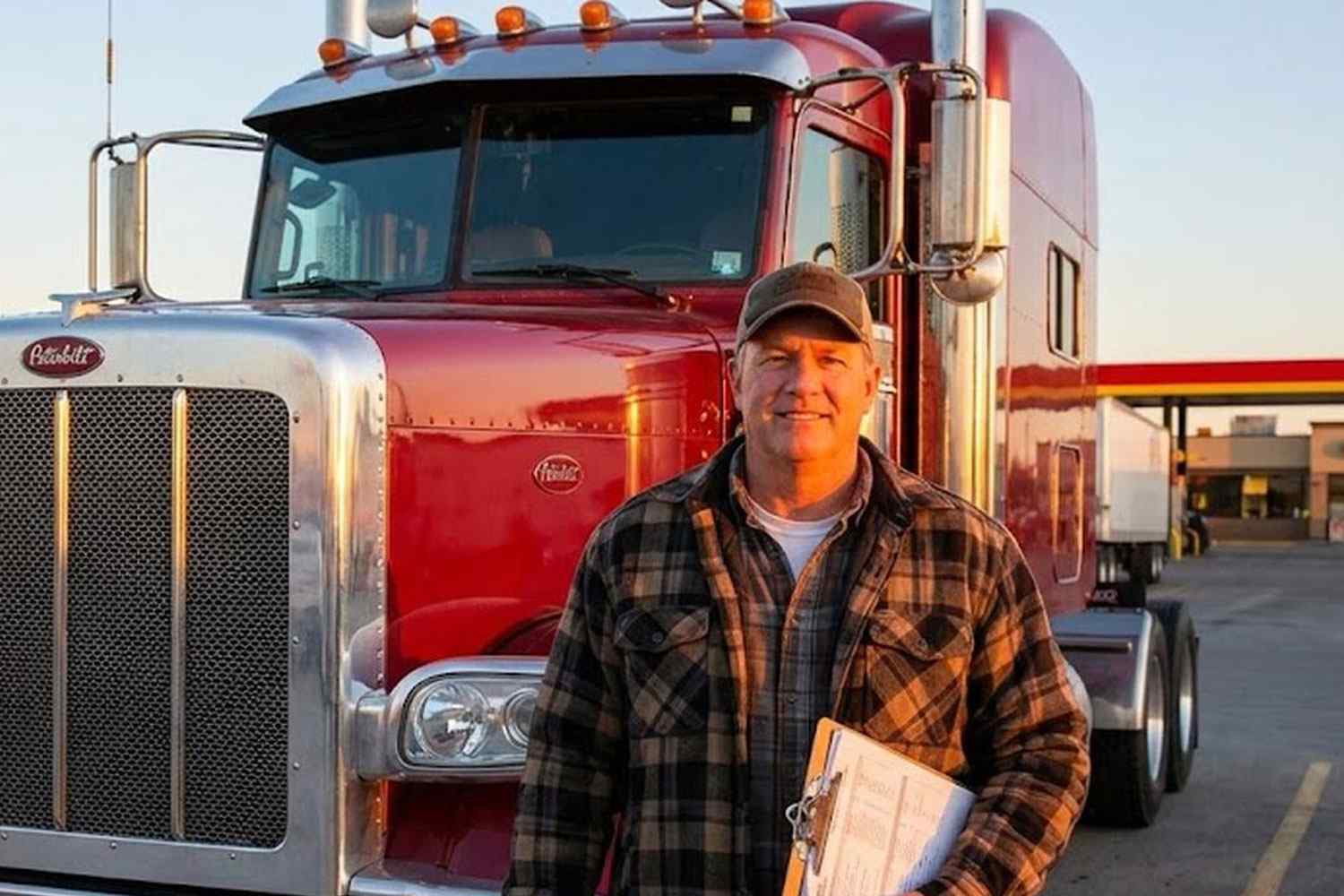 Trucking owner-operator with semi truck reviewing business documents.