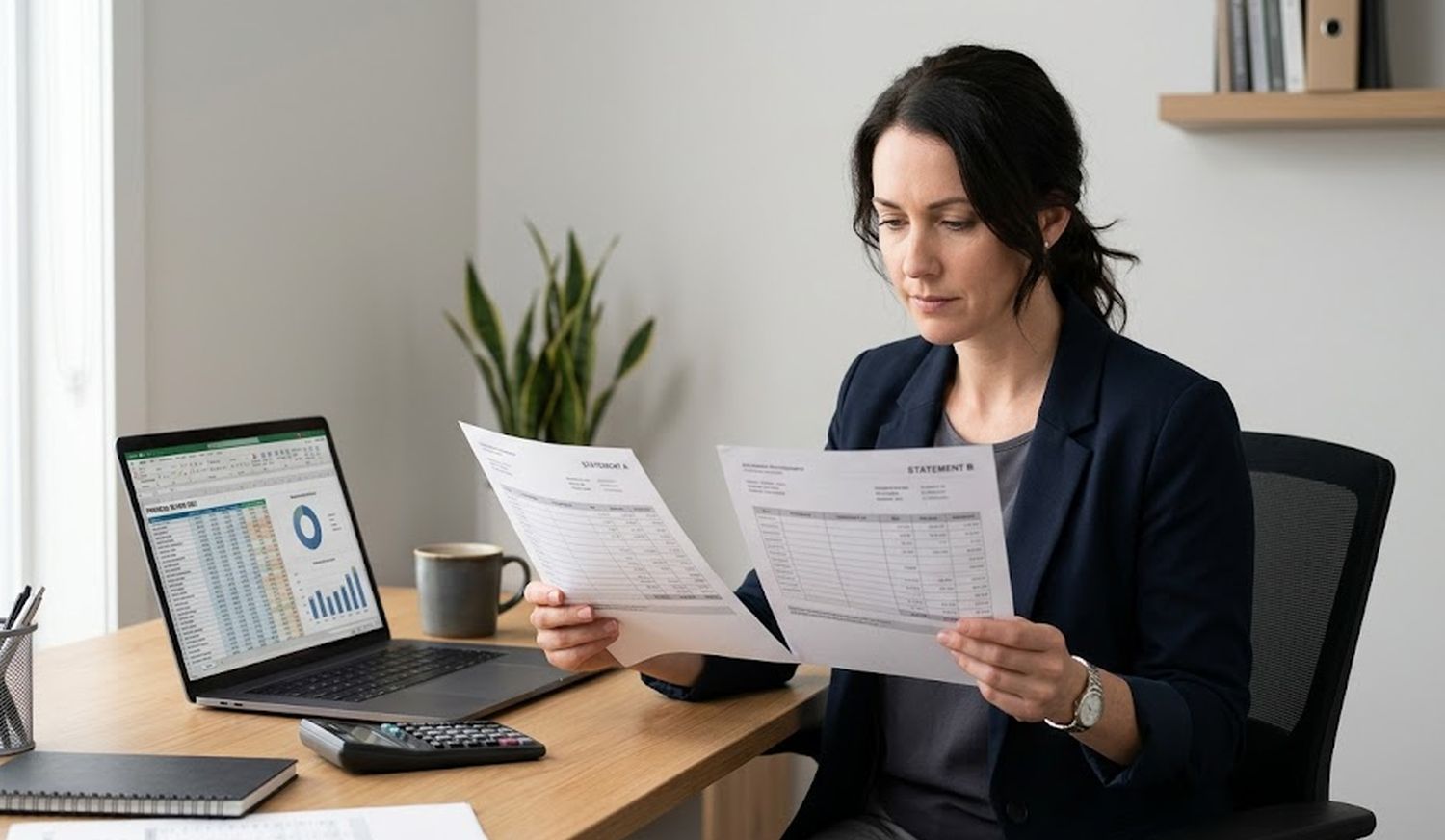 Business owner at a desk comparing two financial account statements side by side with a calculator and laptop nearby