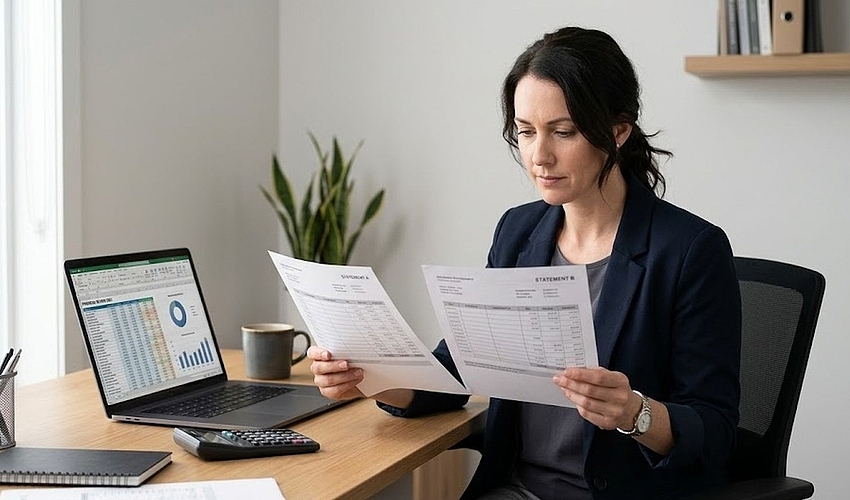 Business owner at a desk comparing two financial account statements side by side with a calculator and laptop nearby