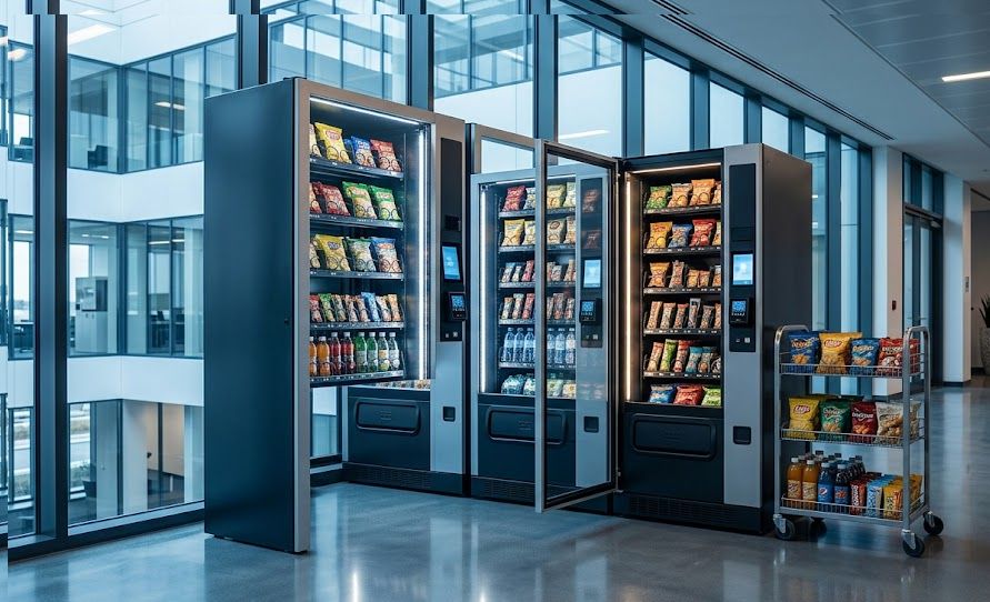 Modern vending machines with cashless readers funded by vending machine financing.