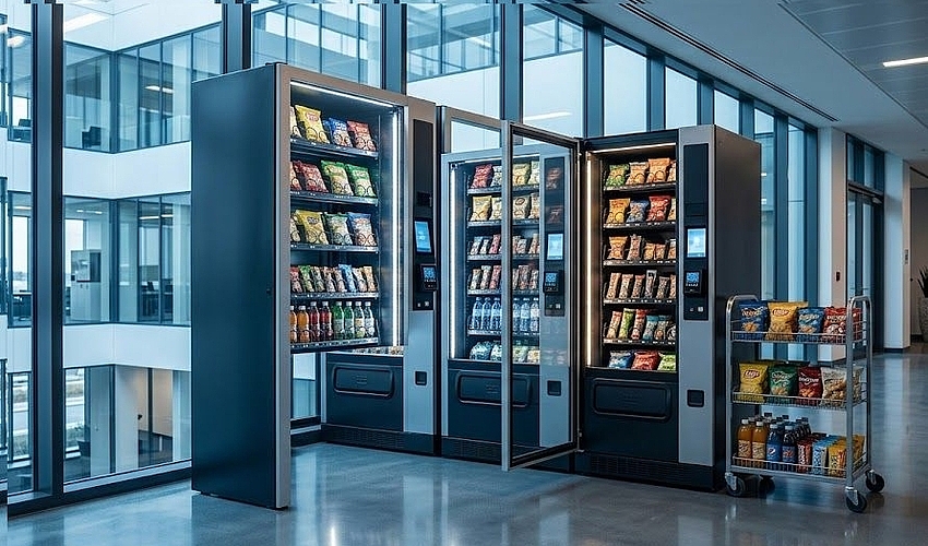 Modern vending machines with cashless readers funded by vending machine financing.