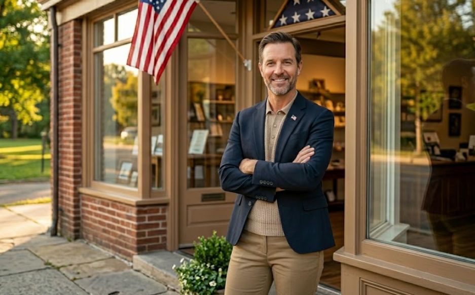 Veteran business owner standing in front of their small business storefront