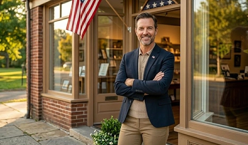Veteran business owner standing in front of their small business storefront