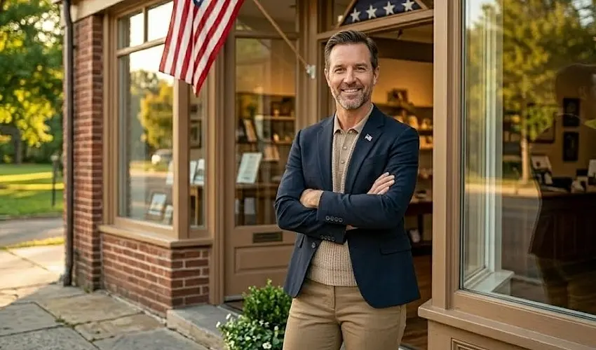 Veteran business owner standing in front of their small business storefront