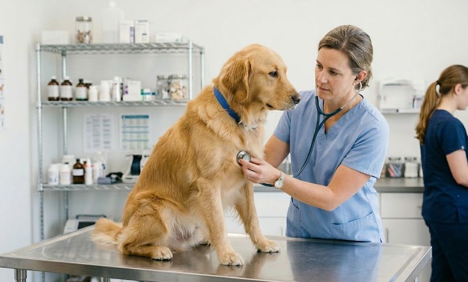 Veterinarian in scrubs examining a golden retriever on a stainless steel exam table in a modern veterinary clinic