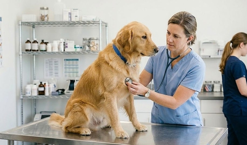 Veterinarian in scrubs examining a golden retriever on a stainless steel exam table in a modern veterinary clinic
