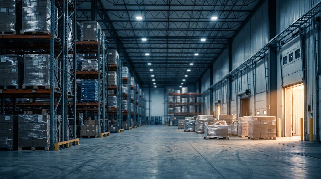 A distribution warehouse aisle illustrating how wholesale factoring funds distributor receivables