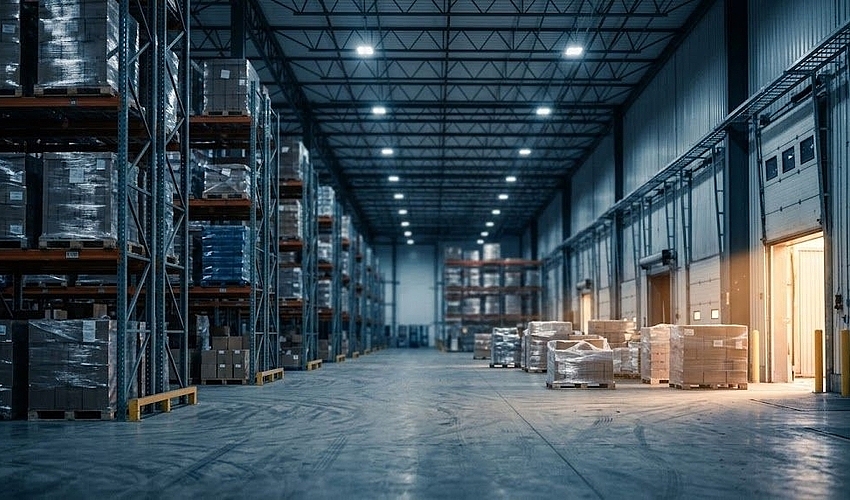 A distribution warehouse aisle illustrating how wholesale factoring funds distributor receivables