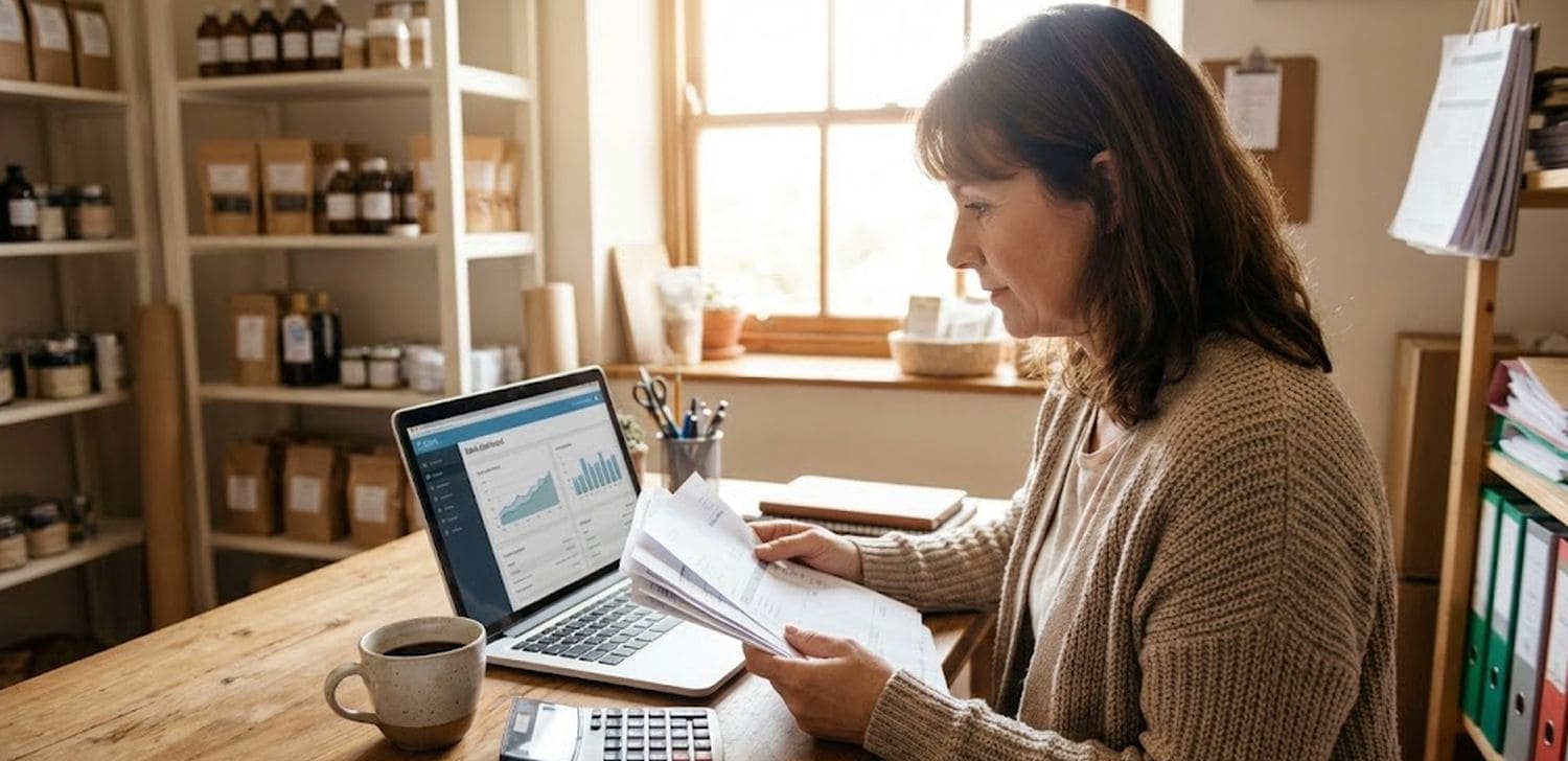 Small business owner managing bills and cash flow on a laptop in a back office