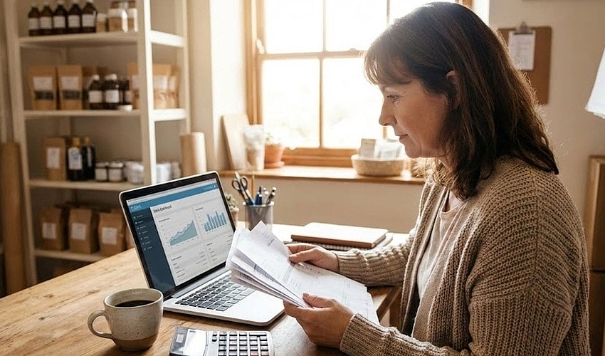 Small business owner managing bills and cash flow on a laptop in a back office