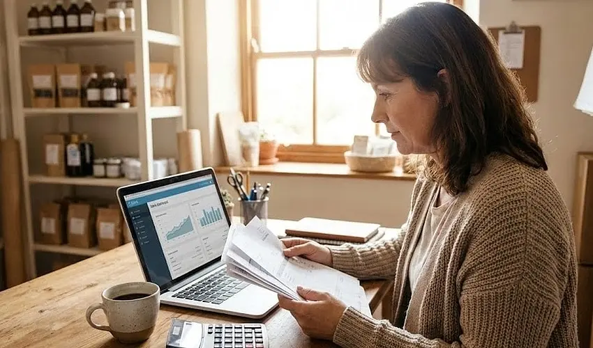 Small business owner managing bills and cash flow on a laptop in a back office
