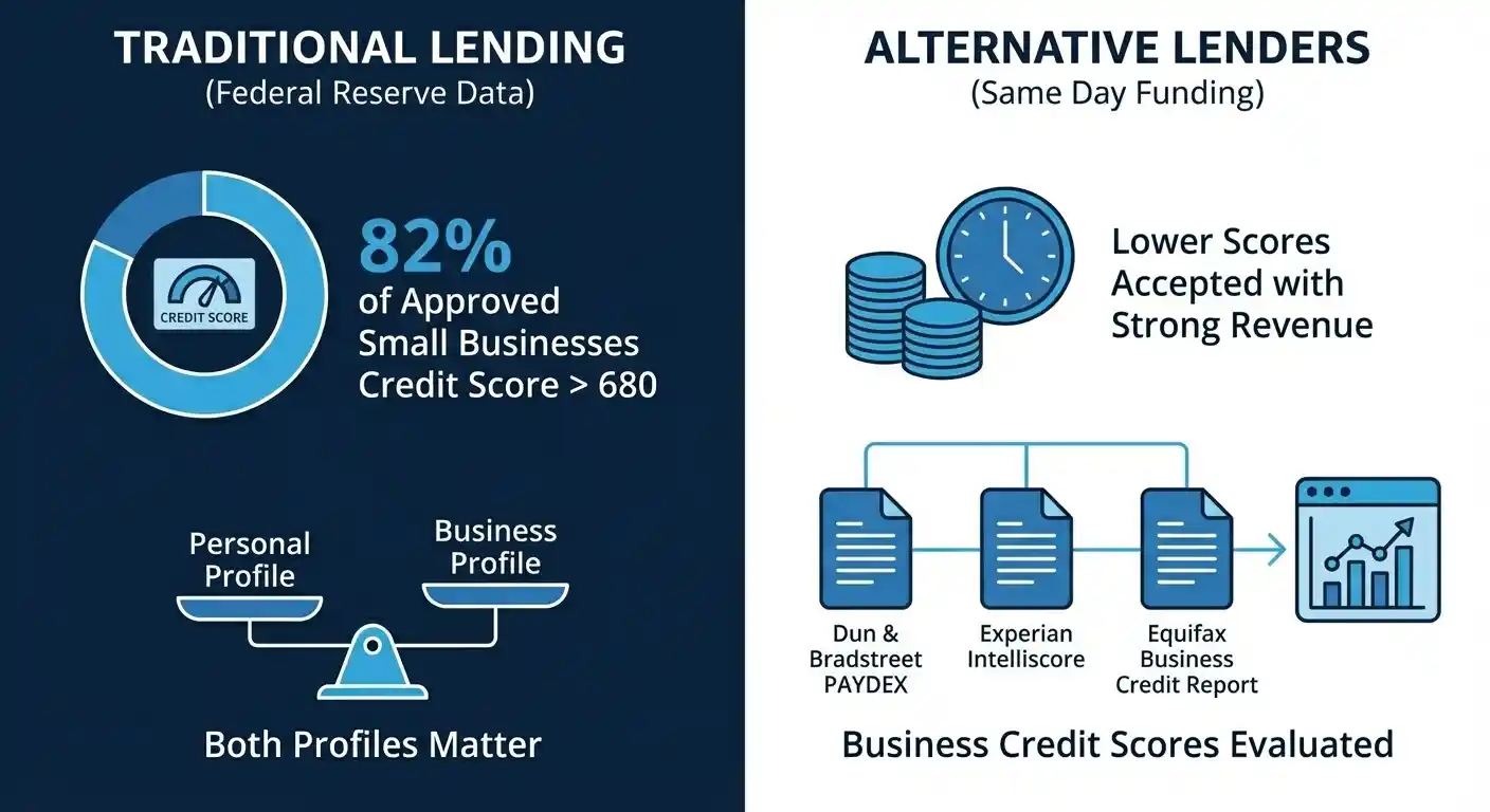 Federal Reserve data shows that 82% of approved small businesses had credit scores above 680, though alternative lenders offering same day business funding will accept lower scores when revenue is strong.